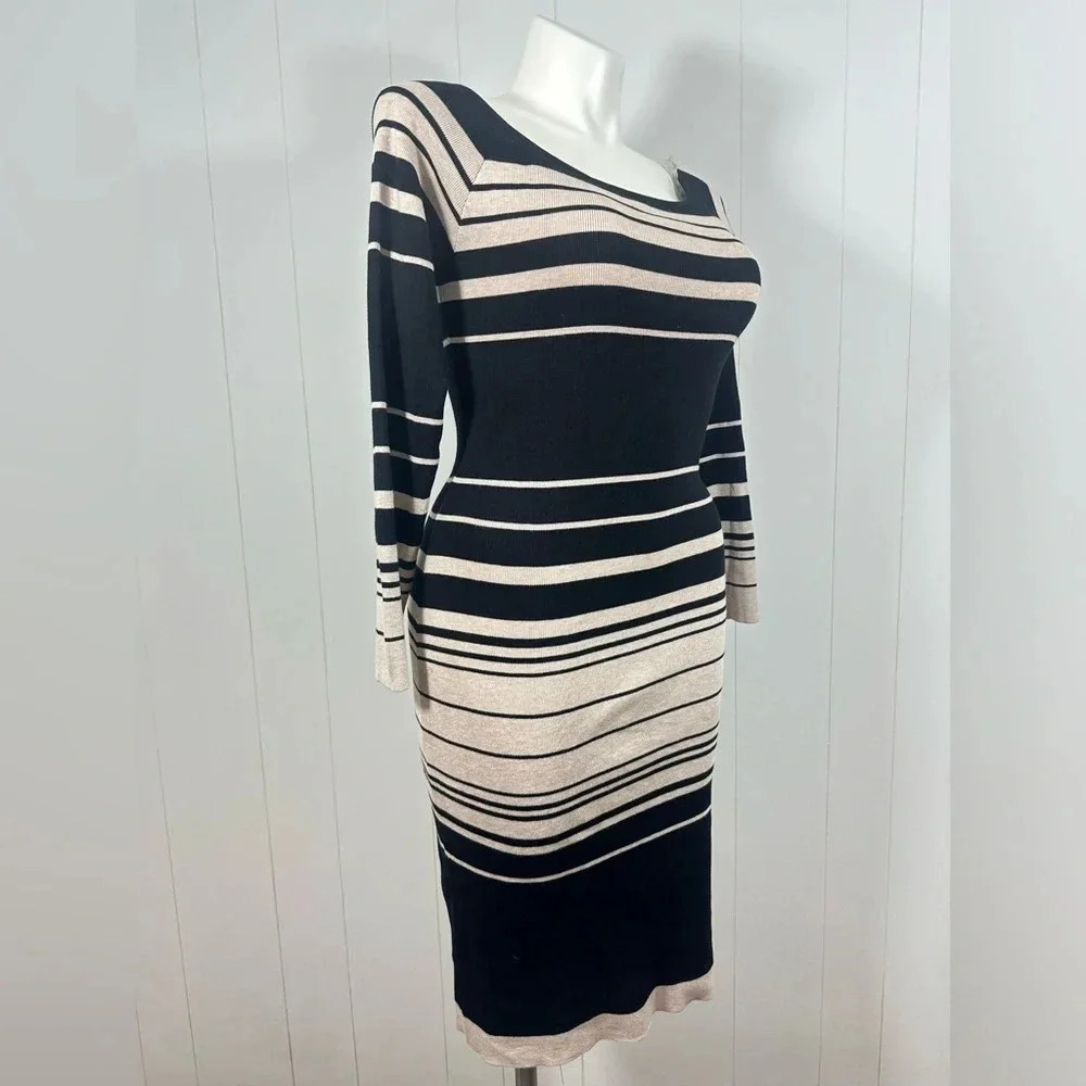 Jolie & Joy Plus Sz 3X Stripped Beige/ Black Long Sleeve Knit Dress - Picture 3 of 12